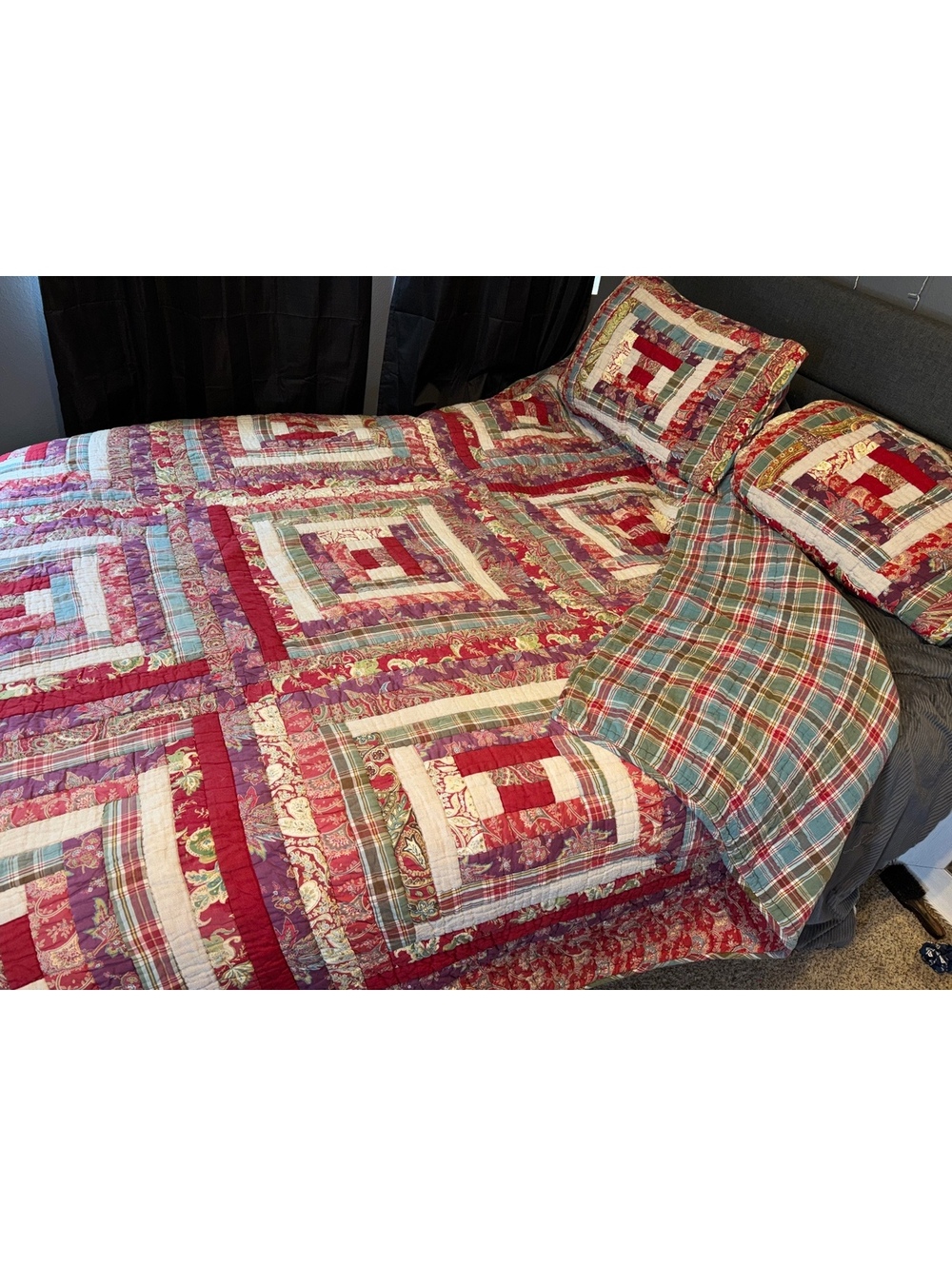 Vintage Pottery Barn "Log Cabin" Reversible Patchwork Quilt & Shams Set 3 piece